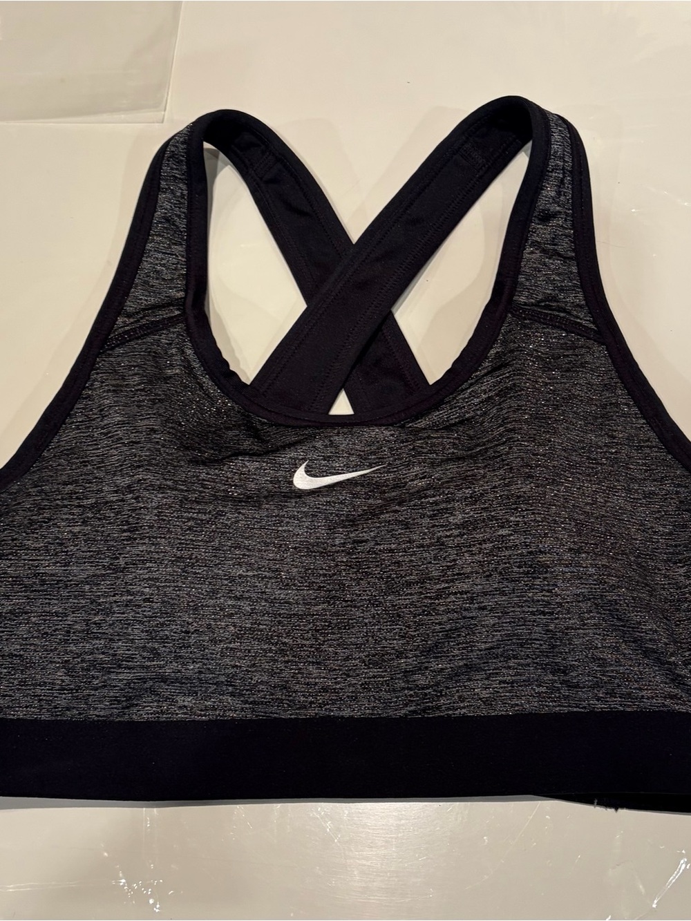 Nike charcoal grey shiny Cross-Back Medium Support Sports Bra